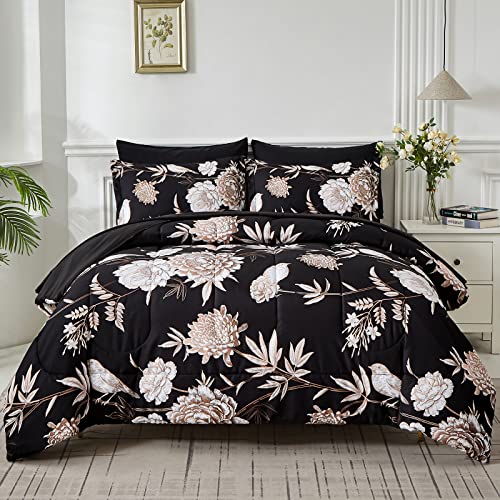Yogeneg 7 Piece Bed in a Bag Queen Comforter Set Botanical Floral Bedding Set,Flower Leaves Brids Printed on Black Reversible Design,Soft Microfiber Comforter with Sheet Set,All Season(Black B,Queen) - Image 1