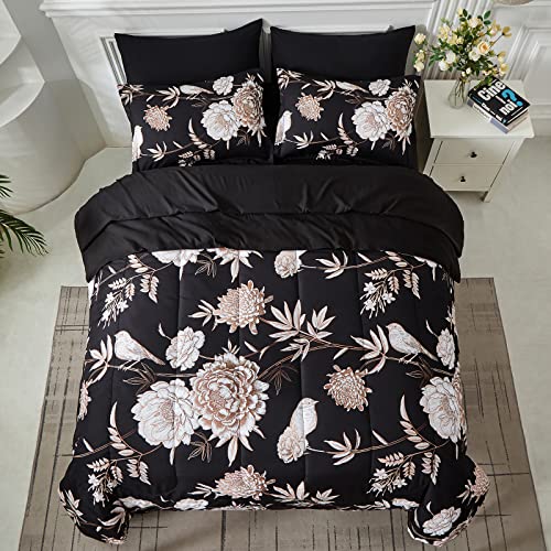 Yogeneg 7 Piece Bed in a Bag Queen Comforter Set Botanical Floral Bedding Set,Flower Leaves Brids Printed on Black Reversible Design,Soft Microfiber Comforter with Sheet Set,All Season(Black B,Queen) - Image 3