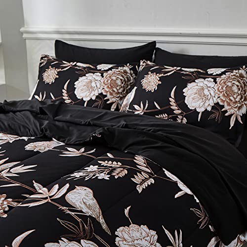 Yogeneg 7 Piece Bed in a Bag Queen Comforter Set Botanical Floral Bedding Set,Flower Leaves Brids Printed on Black Reversible Design,Soft Microfiber Comforter with Sheet Set,All Season(Black B,Queen) - Image 2
