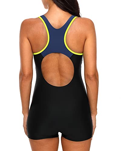 CharmLeaks Women Competitive Professional Swimsuit Lap Swimming Modest 1 Piece Boyleg Swimsuit Black Navy M - Image 2