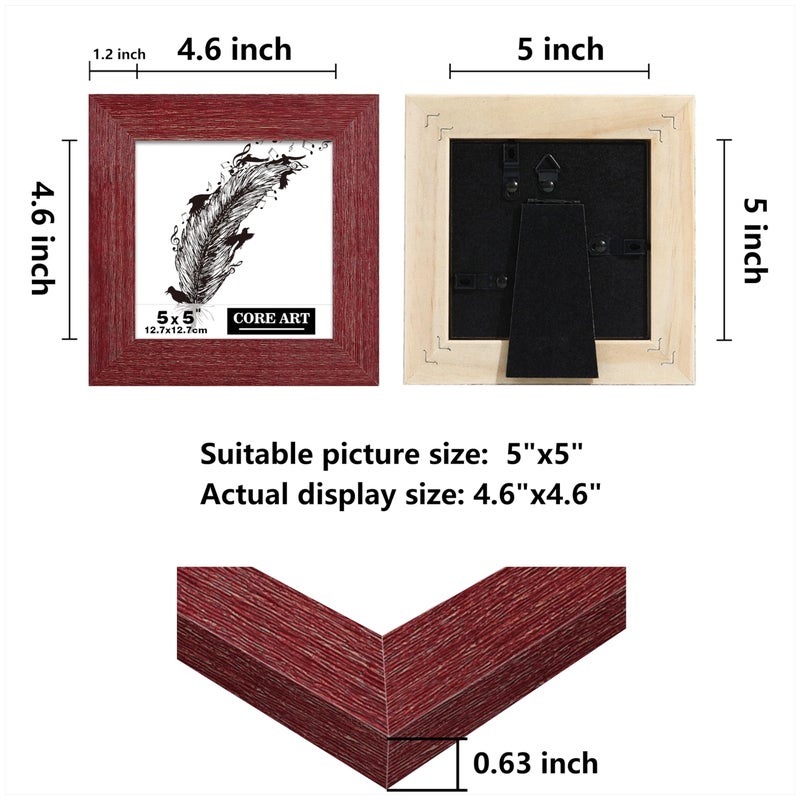 CORE ART 5x5 Picture Frame  Handmade Wood Rustic Red Photo Frame Set of 2  High Definition Semi-tempered Glass Wall or Tabletop Display - Image 2