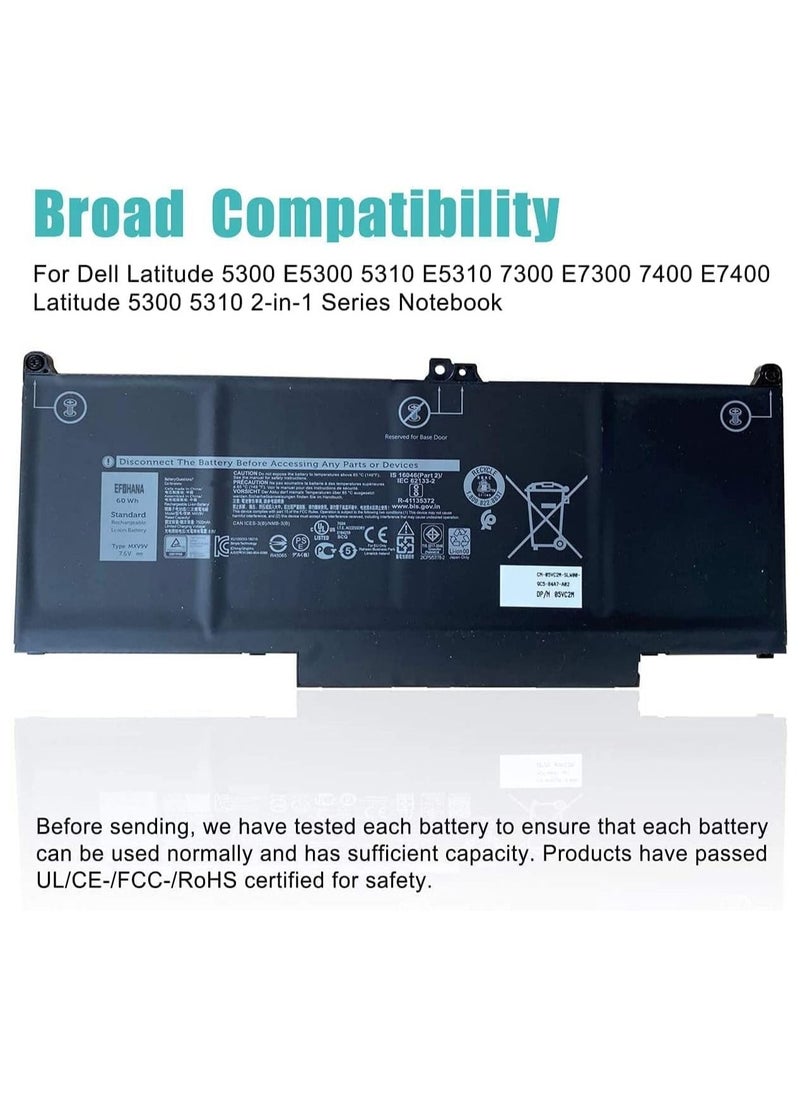 MXV9V Laptop Battery Replacement For Dell Latitude 5300 E5300 5310 E5310 7300 E7300 7400 E7400 Latitude 5300 5310 2-in-1 Series Notebook 5VC2M 05VC2M 829MX 0829MX 7.6V 60Wh 7500mAh