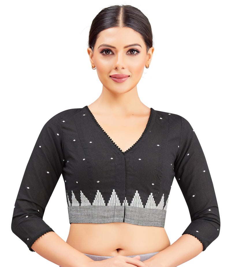 Studio Shringaar Women's Black Cotton Temple Border Readymade Saree Blouse (Black, 36) - Image 1