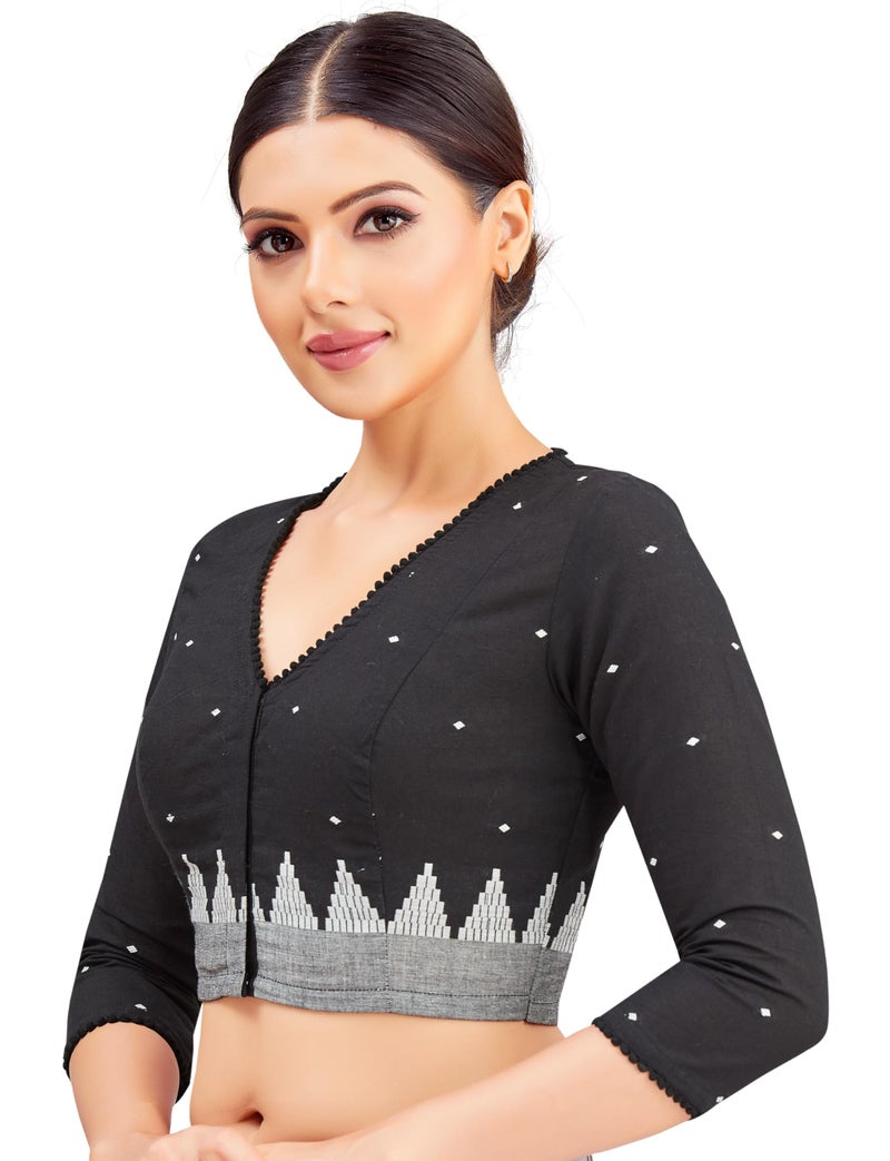 Studio Shringaar Women's Black Cotton Temple Border Readymade Saree Blouse (Black, 36) - Image 3