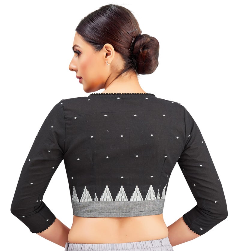 Studio Shringaar Women's Black Cotton Temple Border Readymade Saree Blouse (Black, 36) - Image 2