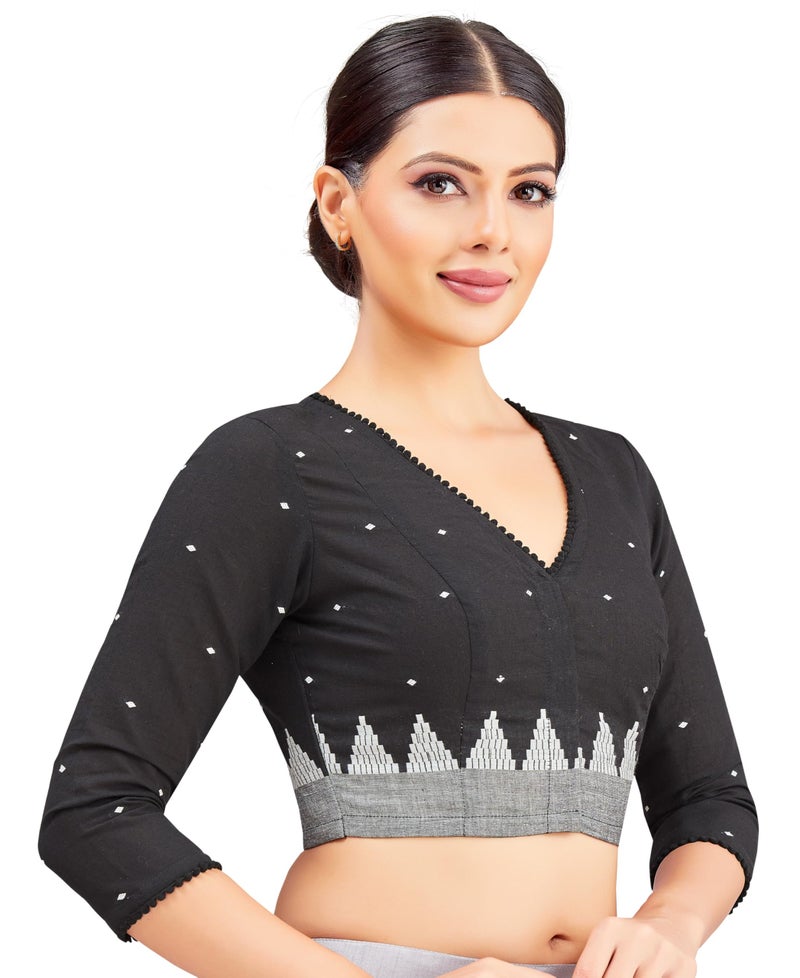 Studio Shringaar Women's Black Cotton Temple Border Readymade Saree Blouse (Black, 36) - Image 4