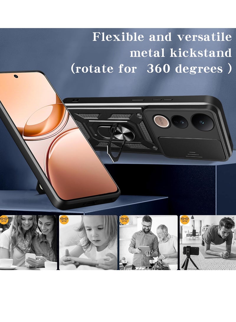 for vivo V50 Lite 5G Case Cover, Slide Camera Lens Cover, Magnetic Ring Holder Kickstand Protective Phone Case for vivo V50 Lite 5G, Black.  - Image 2