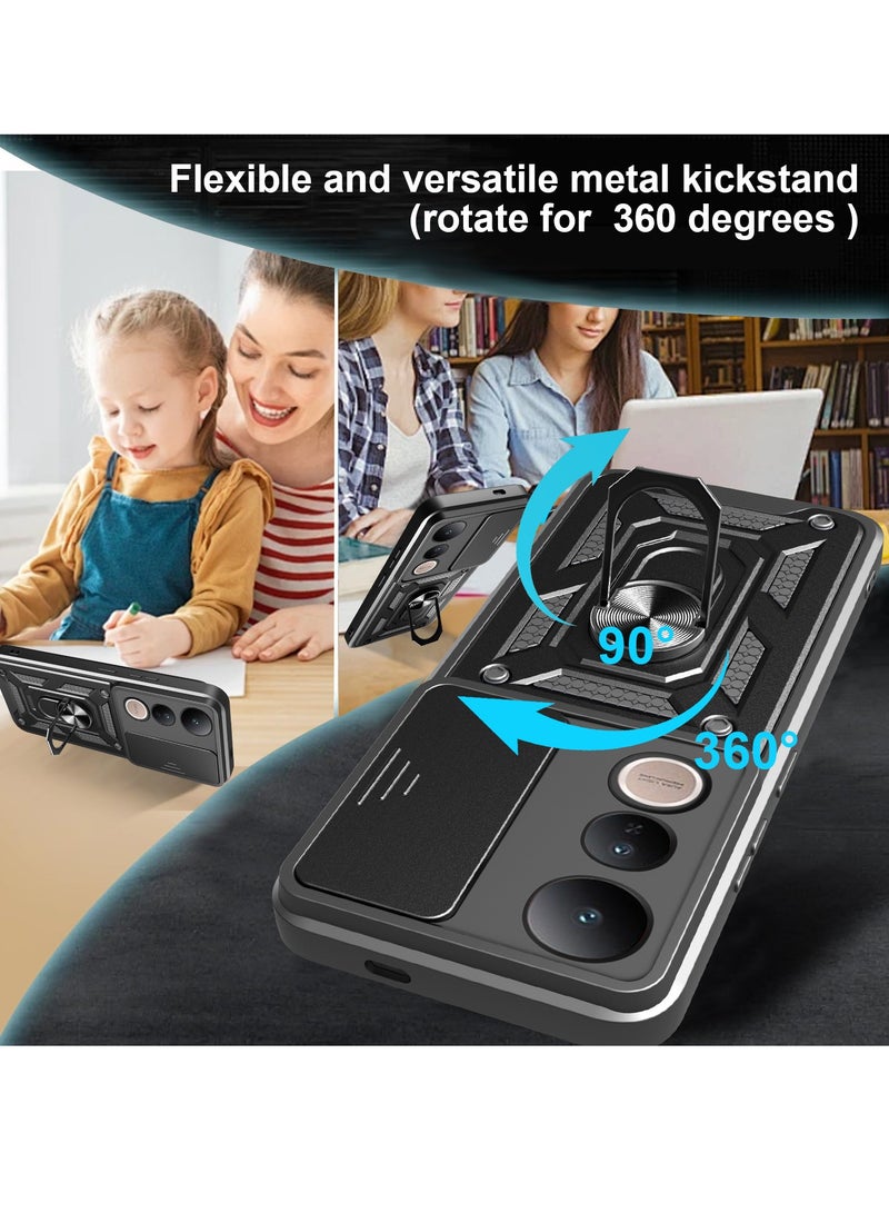for vivo V50 Lite 5G Case Cover, Slide Camera Lens Cover, Magnetic Ring Holder Kickstand Protective Phone Case for vivo V50 Lite 5G, Black.  - Image 3
