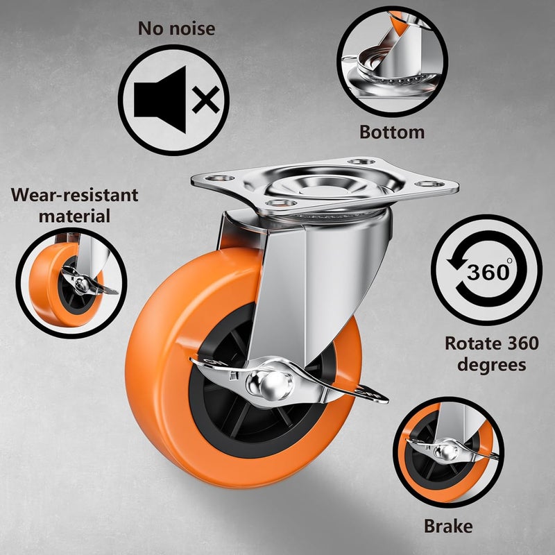 ASHGOOB 2 Inch Casters, Caster Wheels with Side Brake, Locking Casters Set of 8, Industrial/Furniture Swivel Plate Caster Wheels for Workbench and Carts, Orange Polyurethane (PU) Castors (8 Pack) - Image 5