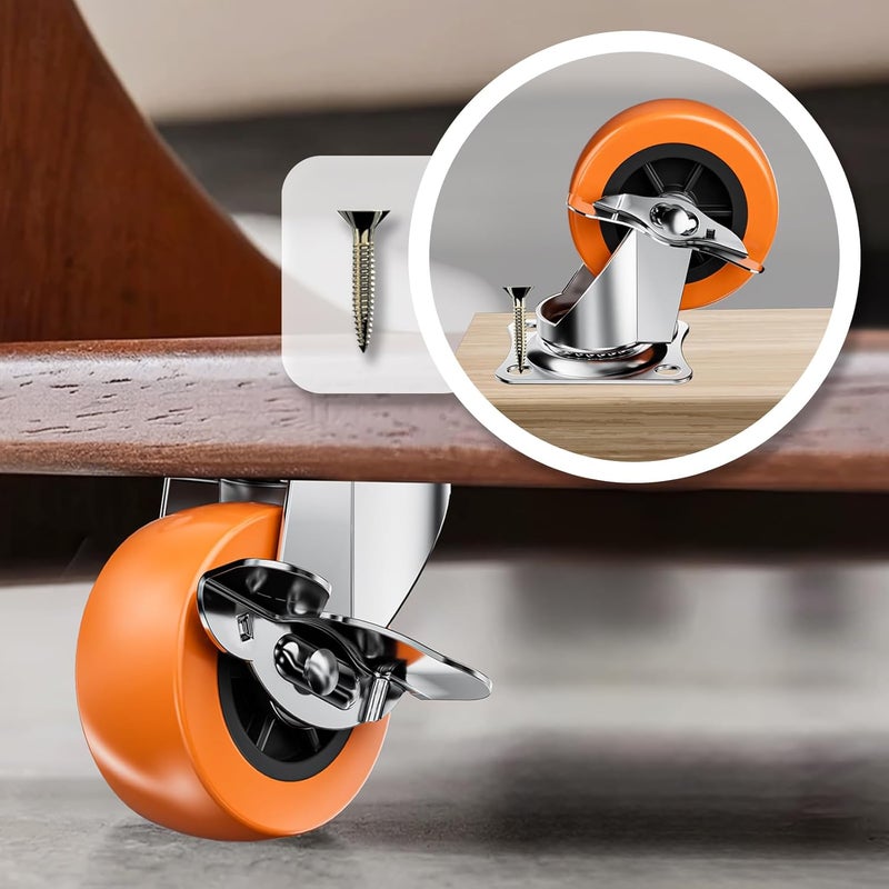 ASHGOOB 2 Inch Casters, Caster Wheels with Side Brake, Locking Casters Set of 8, Industrial/Furniture Swivel Plate Caster Wheels for Workbench and Carts, Orange Polyurethane (PU) Castors (8 Pack) - Image 3