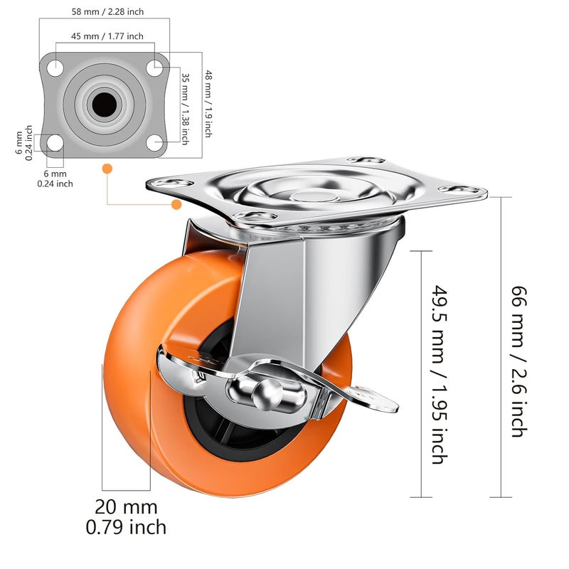 ASHGOOB 2 Inch Casters, Caster Wheels with Side Brake, Locking Casters Set of 8, Industrial/Furniture Swivel Plate Caster Wheels for Workbench and Carts, Orange Polyurethane (PU) Castors (8 Pack) - Image 2