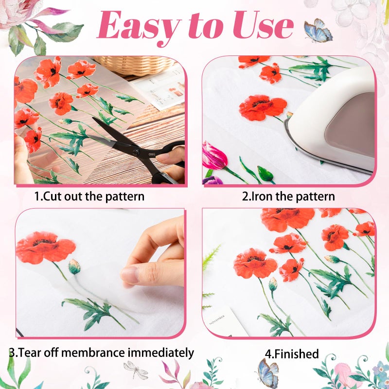 Fainne 12 Sheets Flower Iron on Decals Watercolor Transfers for Clothing, Flower Heat Transfer Stickers, Appliques for T-Shirts Jackets DIY Art Decor - Image 3