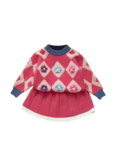 ليتل سربرايز بوكس 2pcs Pink Diamond Floral Cardigan and Skirt Winterwear set for girls