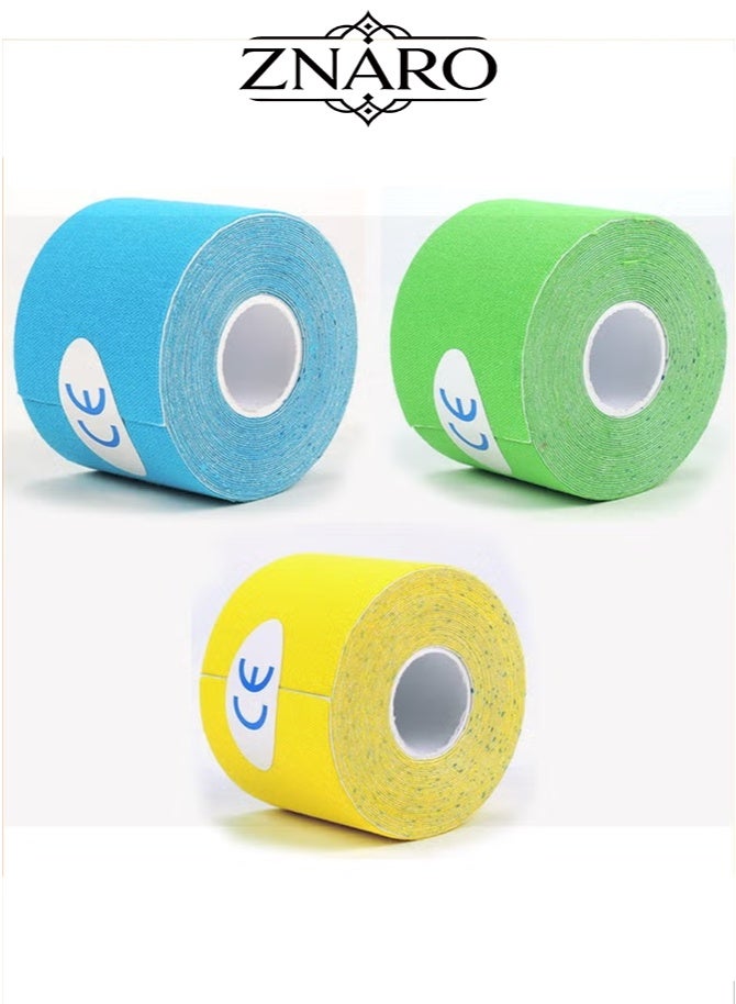 ZNARO 3-Piece Kinesiology Tape 5cm x 5m, Sports Tape for Muscle Support, Cotton Elastic Adhesive Bandage with Breathable Waterproof Material, Pain Relief Tape for Knee Strain Injury Support, for Physio and Home Use (Blue, Green, Yellow) - Image 1