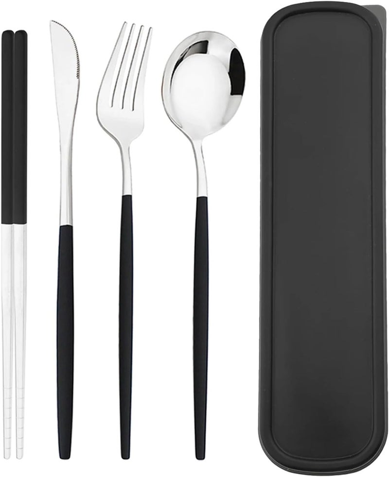 4pcs Stainless Steel Cutlery Set With Storage Box Black Gold Portable For Home Kitchen Dining Household Tableware(Black silver) - Image 1