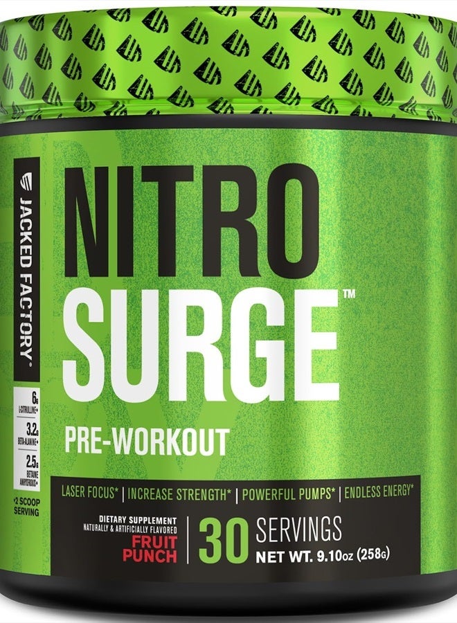 Jacked Factory NITROSURGE Pre Workout Supplement - Endless Energy, Instant Strength Gains, Clear Focus & Intense Pumps - NO Booster & Powerful Preworkout Energy Powder - 30 Servings, Fruit Punch - Image 1