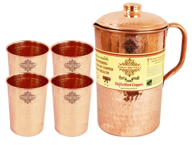 INDIAN ART VILLA Indian Art Villa Pure Copper Hammered Set of 1 Jug Pitcher 17 Litre with 4 Glass Tumbler 300 ML Each Storage Water Drinkware Tableware Good Health Benefit Yoga Ayurveda  - Image 1
