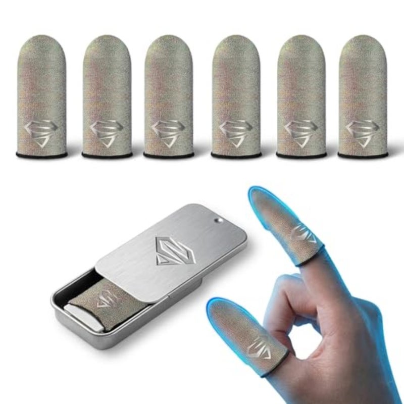 Bluradio 6 Pack Silver Fiber Gaming Finger Sleeves Ultra-thin breathable thumb sleeves for mobile gaming, smooth touchscreen control and reduced finger sweat - Image 1