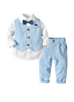 Generic 3-Piece Baby Boy Suit Set, Blue Pinstripe Vest, Shirt & Pants with Bowtie, for 3-4 Years (Height 100cm), Perfect Eid Outfit  - Image 1