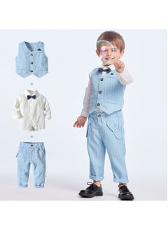 Generic 3-Piece Baby Boy Suit Set, Blue Pinstripe Vest, Shirt & Pants with Bowtie, for 3-4 Years (Height 100cm), Perfect Eid Outfit  - Image 2