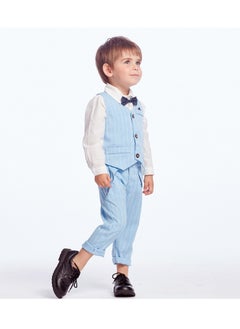 Generic 3-Piece Baby Boy Suit Set, Blue Pinstripe Vest, Shirt & Pants with Bowtie, for 3-4 Years (Height 100cm), Perfect Eid Outfit  - Image 3