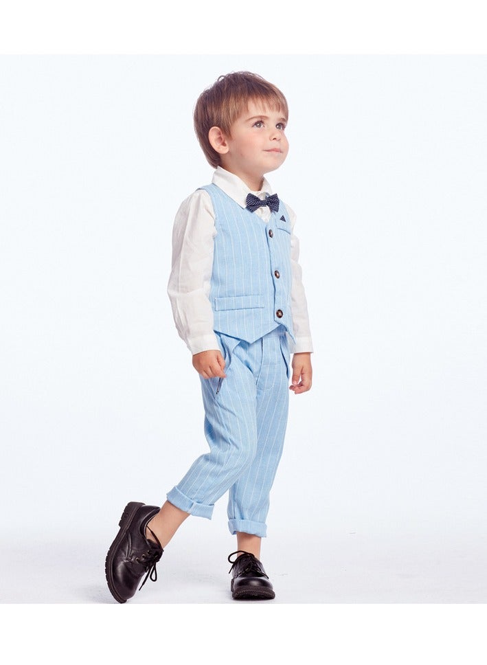 3-Piece Baby Boy Suit Set, Blue Pinstripe Vest, Shirt & Pants with Bowtie, for 3-4 Years (Height 100cm), Perfect Eid Outfit - Image 3