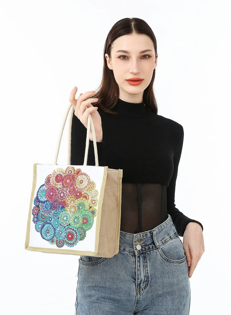 Reusable Mandala Diamond Painting Tote Bag for Women, 5D DIY Rhinestone Cross Stitch Canvas Grocery Bag, Handmade Art Craft Gift - Image 1