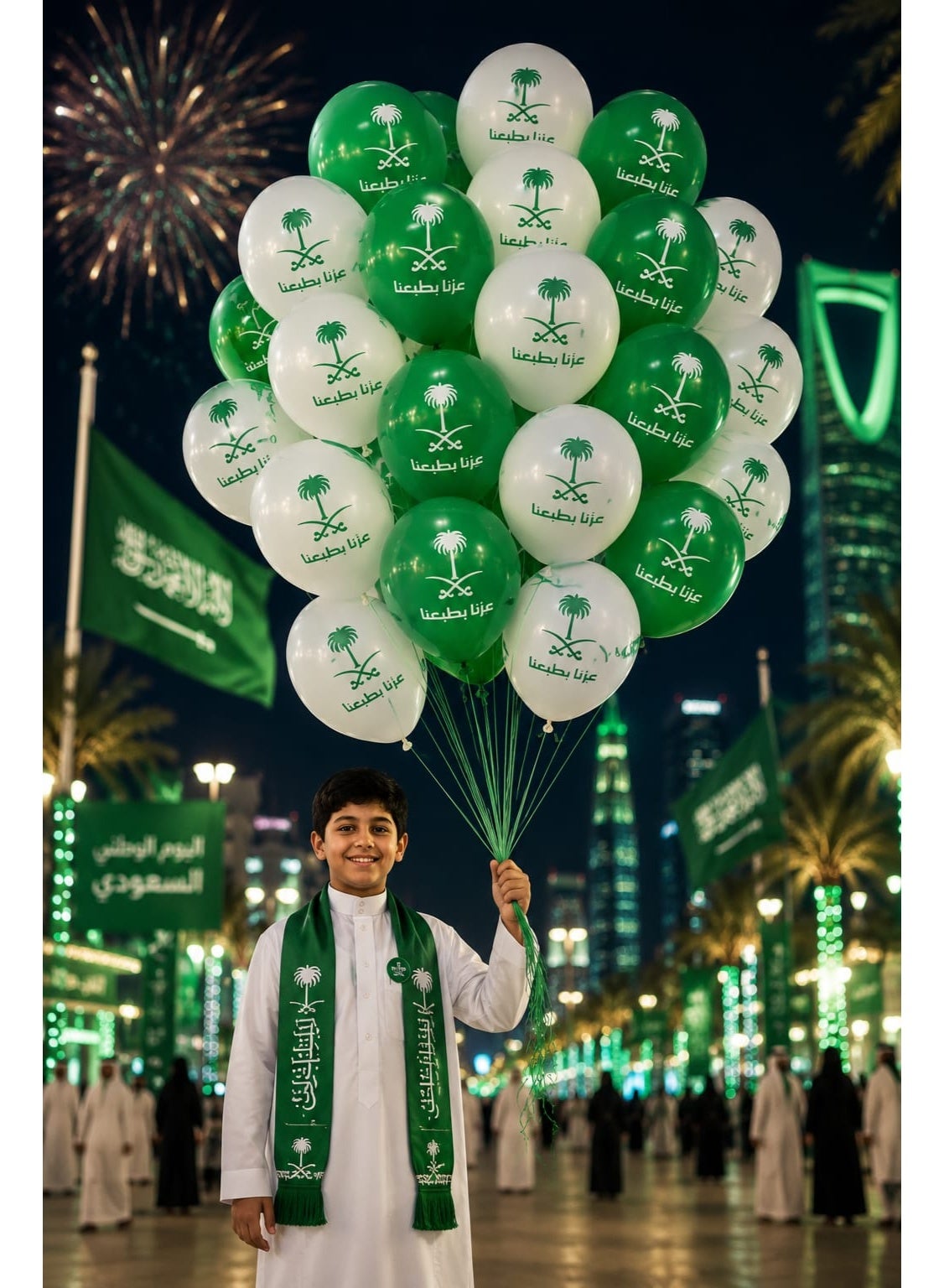 مجموعة بالونات اليوم الوطني السعودي - بالونات لاتكس مطبوعة باللونين الأخضر والأبيض - لوازم تزيين الحفلات