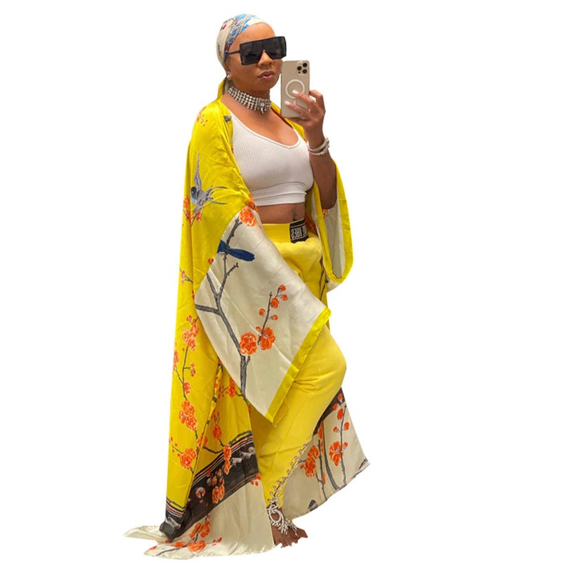 K10173 Euro-American Fashion Silk-like Printed Kimono Wrap Coat Yellow