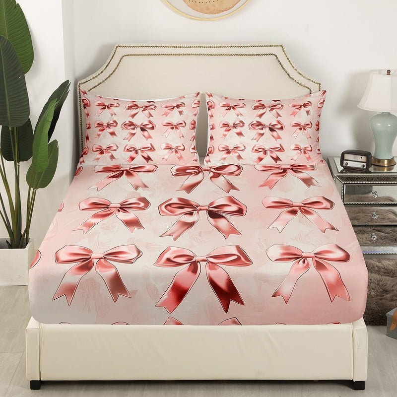 Erosebridal Kids Bow Sheet Set,3 Piece Butterfly Knot Dreamy Sheets,Cute Ribbon Bowknot Bed Sheets Set,Kawaii Princess Style Top Fitted Sheet,Light Pink Room Decor for Girls,Twin - Image 3