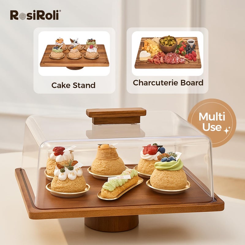 RosiRoli Acacia Wood Cake Stand with Lid â€“2-in-1 Rectangular Charcuterie Board & Dessert Display, Shatterproof Acrylic Dome Cover for Freshness, Serving Platter for Parties, Weddings, Birthdays, Gifts - Image 4