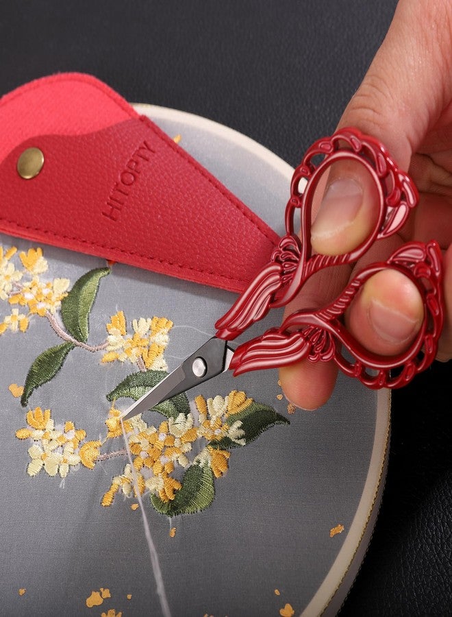 HITOPTY Sewing Embroidery Scissors with Cover, Sharp Threading Scissors for Needlework Craft Yarn Art Paper Detail Cutting, Straight Tip Little Snips Red Vintage - Image 5
