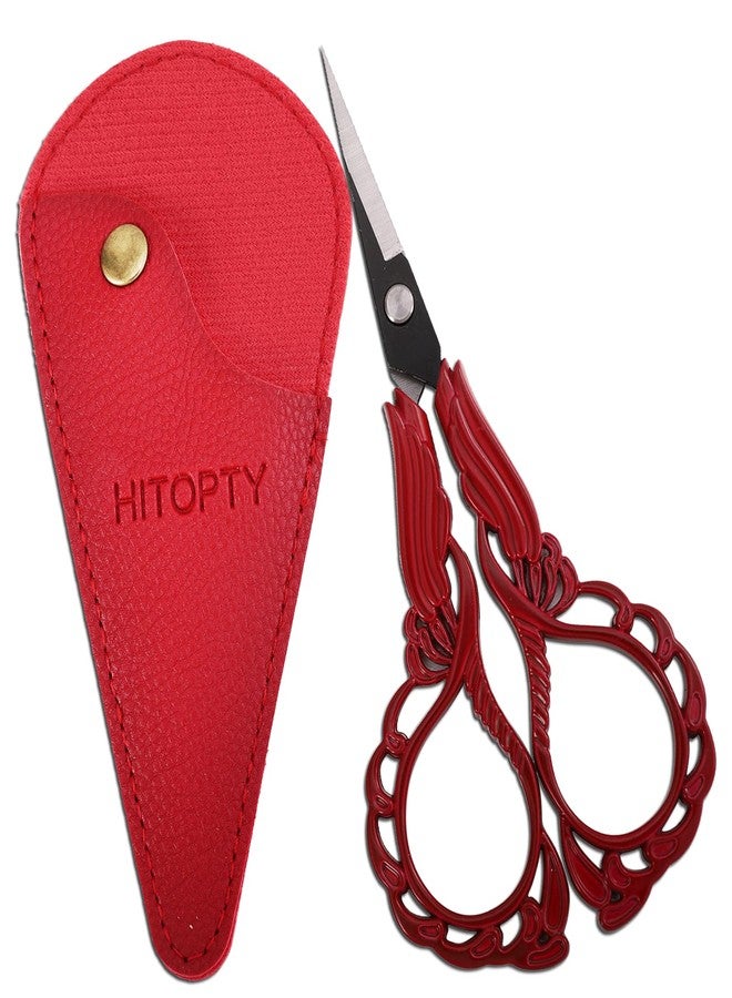 HITOPTY Sewing Embroidery Scissors with Cover, Sharp Threading Scissors for Needlework Craft Yarn Art Paper Detail Cutting, Straight Tip Little Snips Red Vintage - Image 1