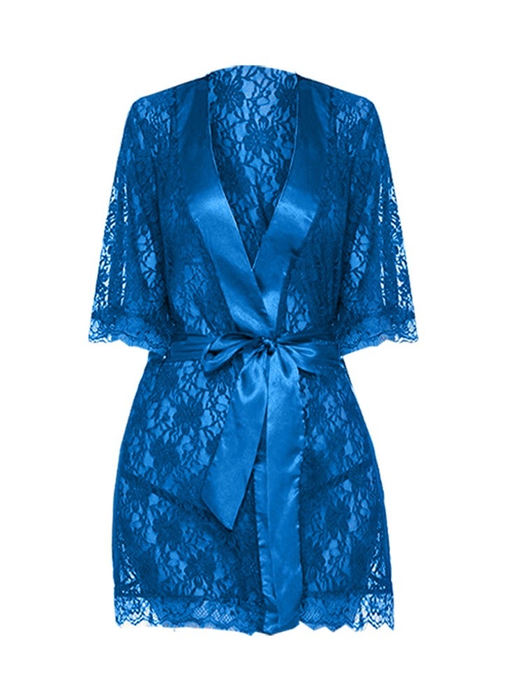MARGOUN Womens Small Size Robes Babydoll Robe Transparent Lace Deep V-Neck Short Lingerie Sleepwear Soft Kimono Bathrobe Dressing Gown Nightwear Blue /S(bust 80-84/waist 64-68/hip 88-92) - Image 1