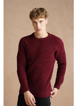 Cool Tarz Cool Style Men's Claret Red Ribbed Crew Neck Knitwear SWEATER-TRZCM28888R07S  - Image 1