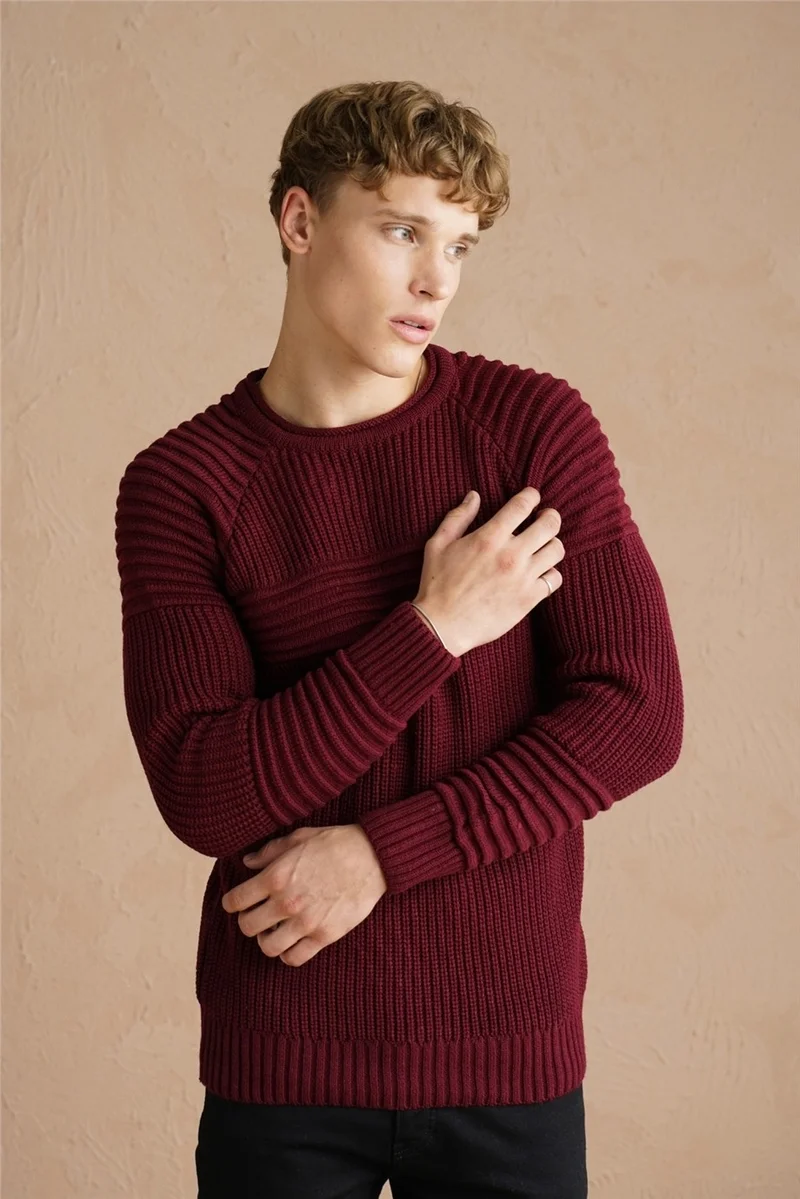Cool Tarz Cool Style Men's Claret Red Ribbed Crew Neck Knitwear SWEATER-TRZCM28888R07S