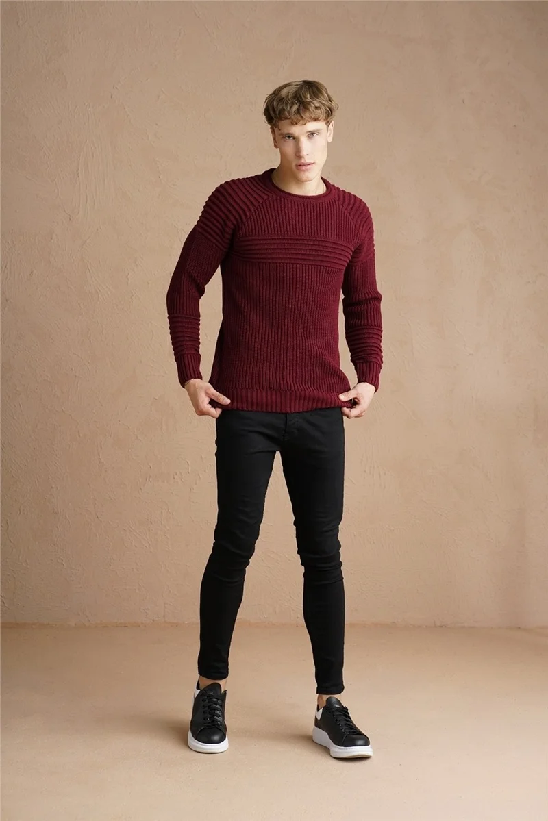 Cool Tarz Cool Style Men's Claret Red Ribbed Crew Neck Knitwear SWEATER-TRZCM28888R07S