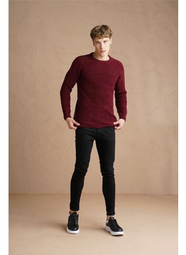 Cool Tarz Cool Style Men's Claret Red Ribbed Crew Neck Knitwear SWEATER-TRZCM28888R07S  - Image 3