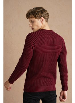 Cool Tarz Cool Style Men's Claret Red Ribbed Crew Neck Knitwear SWEATER-TRZCM28888R07S  - Image 2
