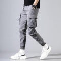 Mens Autumn Cargo Pants Casual Korean Trendy Gray twill cotton 