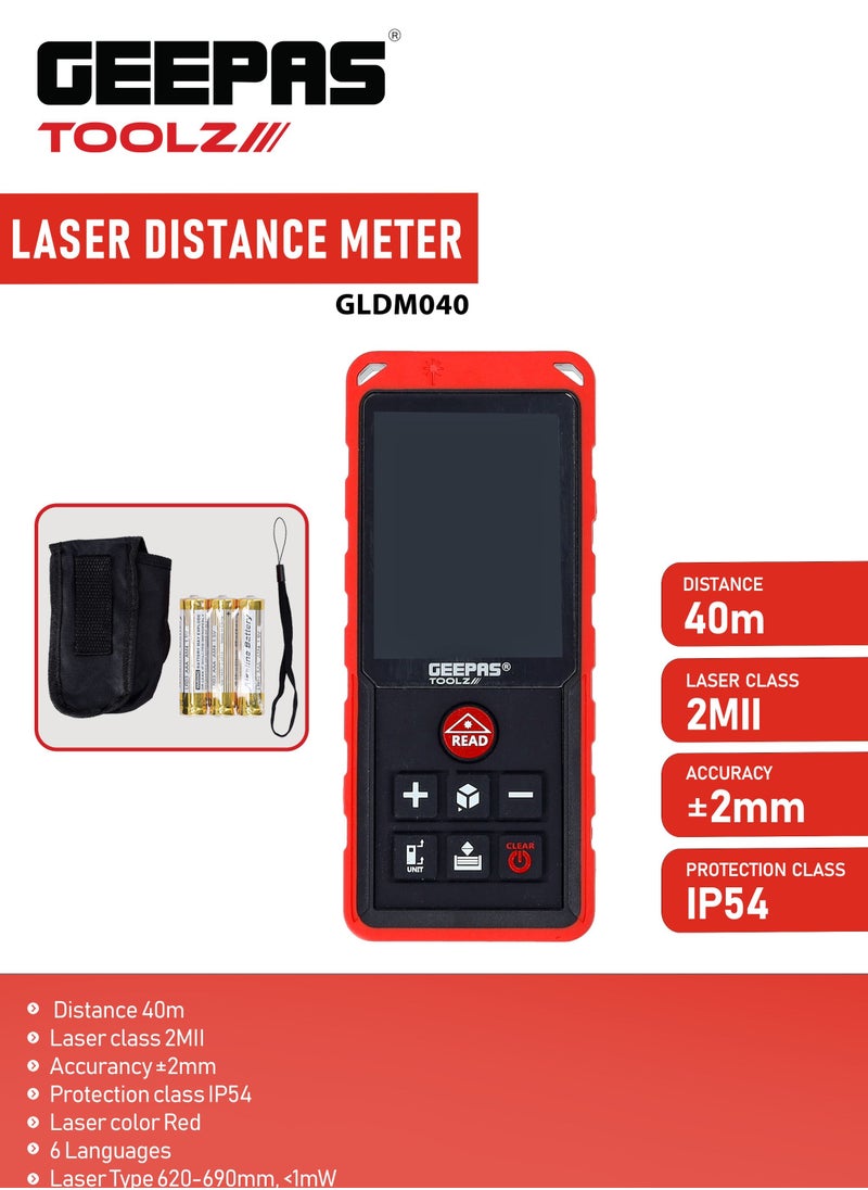 Laser Distance Meter, 40m Laser Measurement Tool, GLDM040, LCD Laser Distance Meters with Pythagorean Mode, Measure Distance, Area and Volume, IP54 Protection, 6 Languages