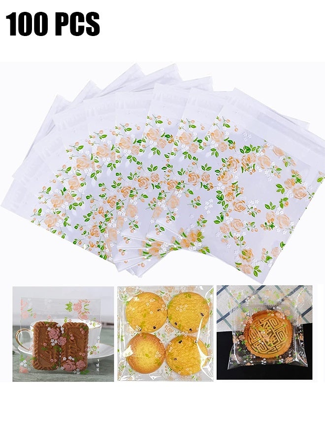 Self Adhesive Cookie Bags, Plastic Clear Treat Bags Sealable Candy Bags for Packaging Candy Cookies Bakery Party Favor Gift Giving, Small Bags for Cookies, Sweets, Jewelry (Floral Rose, 3.9 x 3.9) - Image 1
