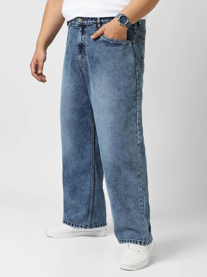 Urbano Fashion  Urbano Plus Men's Blue Loose Baggy Fit Washed Jeans Non-Stretchable  | Best Price UAE