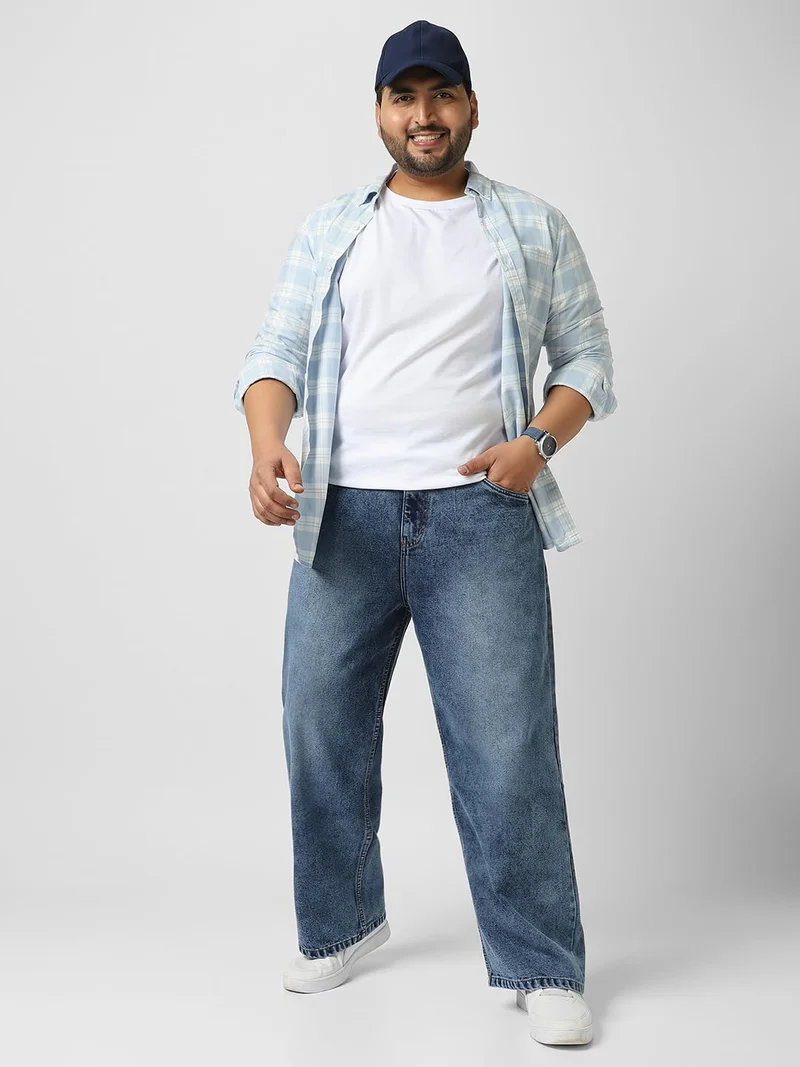 Urbano Fashion  Urbano Plus Men's Blue Loose Baggy Fit Washed Jeans Non-Stretchable  | Best Price UAE