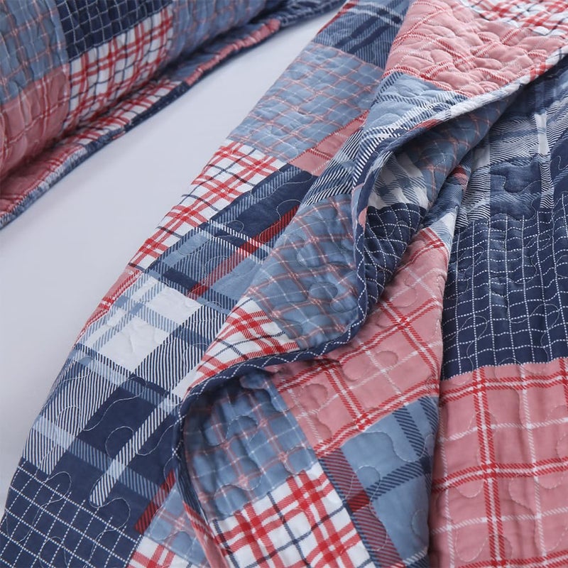 VISIMISI Cotton Bedding Quilt Sets Reversible All Season Real Patchwork Coverlet Sets All Season Blue Bedspread, Houndstooth Plaid Pattern, King Size - Image 5