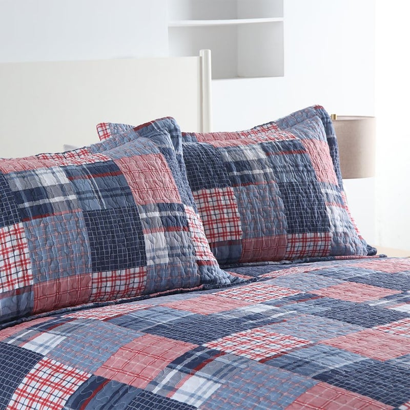 VISIMISI Cotton Bedding Quilt Sets Reversible All Season Real Patchwork Coverlet Sets All Season Blue Bedspread, Houndstooth Plaid Pattern, King Size - Image 2