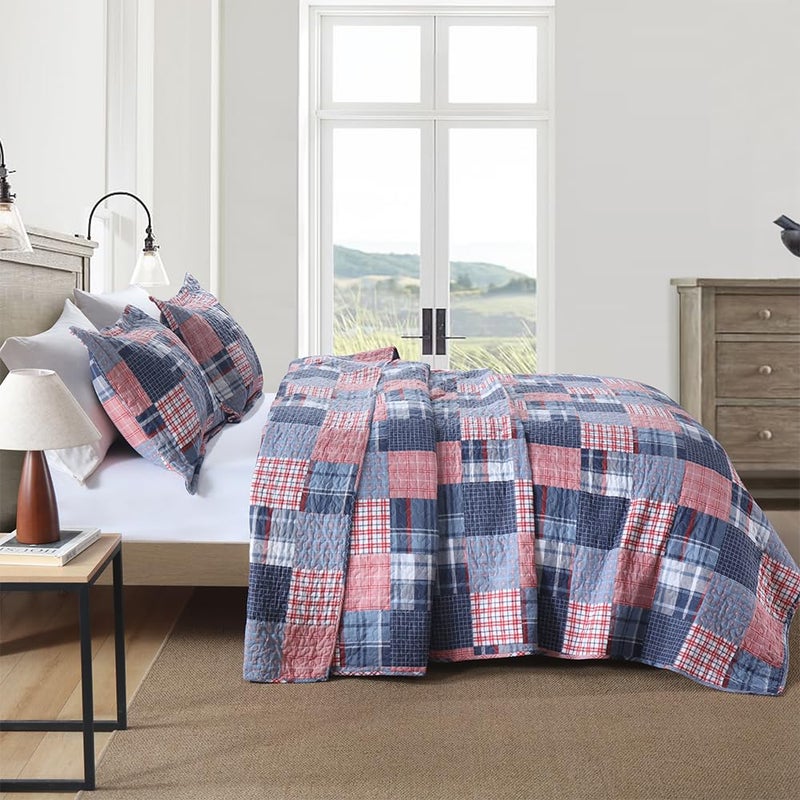 VISIMISI Cotton Bedding Quilt Sets Reversible All Season Real Patchwork Coverlet Sets All Season Blue Bedspread, Houndstooth Plaid Pattern, King Size - Image 3