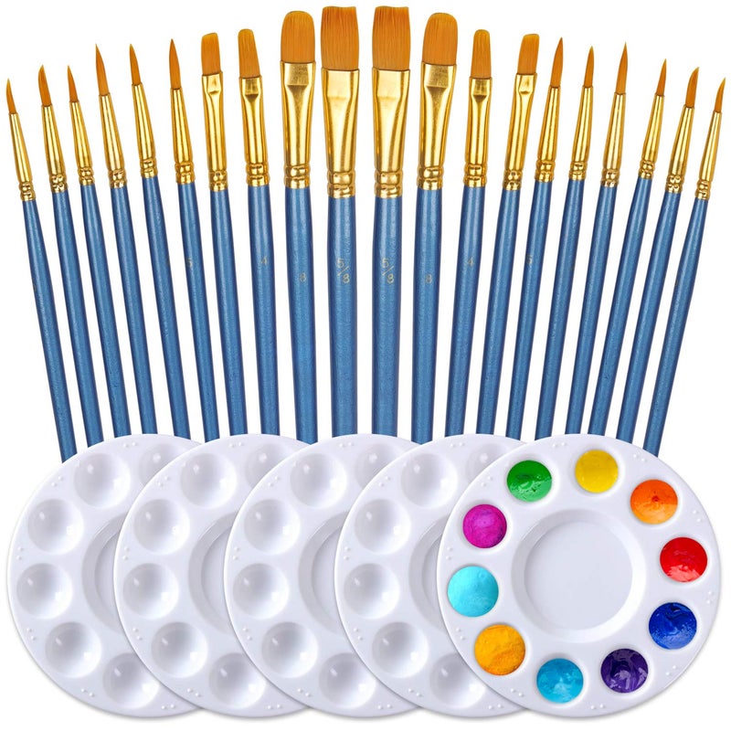 DUGATO Artist Paint Brush  Palette Set  20 Nylon Brushes Assorted Sizes  Shapes with 5 Mixing Trays  Ideal for Acrylic Watercolor Oil  Gouache Painting