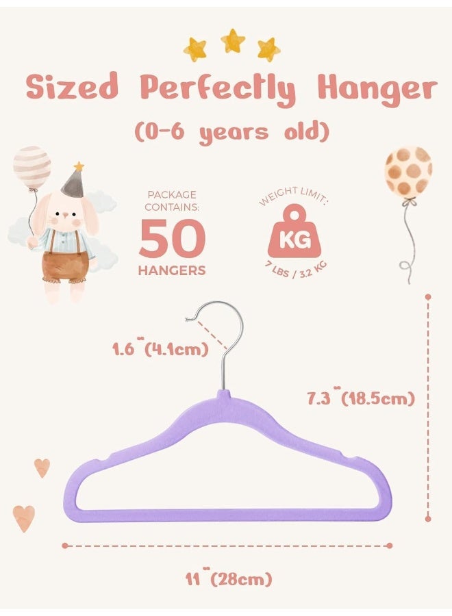 HOUSE DAY 50 Pack Purple Velvet Baby Hangers, Infant & Toddler Clothes, Durable Non Slip Baby Felt Hangers Purple, 11 Inch Baby Hangers for Closet, Ideal for Everyday Use - Image 2