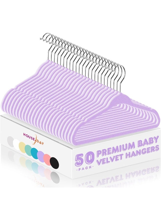 HOUSE DAY 50 Pack Purple Velvet Baby Hangers, Infant & Toddler Clothes, Durable Non Slip Baby Felt Hangers Purple, 11 Inch Baby Hangers for Closet, Ideal for Everyday Use - Image 1